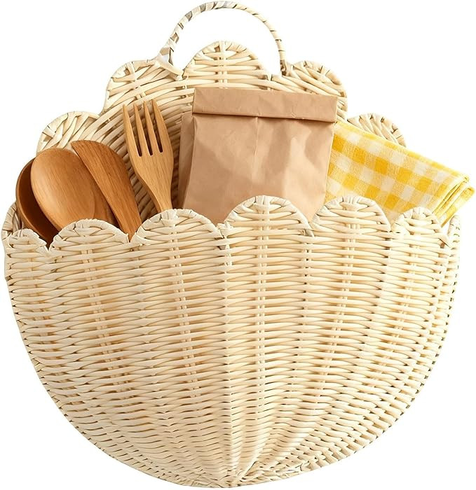 Wicker Storage Basket Wall Mount Rustic Organizer,Hand Woven Scalloped Decorative Baskets,for Hom... | Amazon (US)