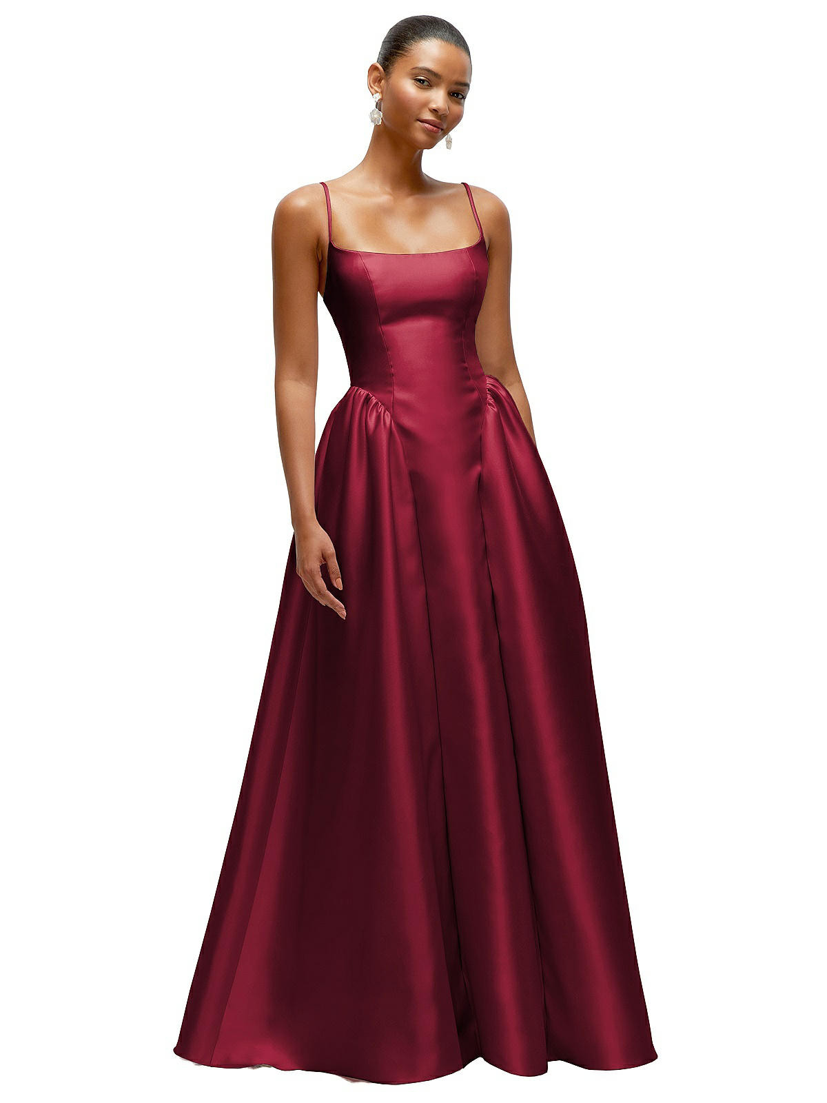 Scoop Neck Drop Basque Skirt Satin Maxi Dress with Pockets in Burgundy | Dessy Group