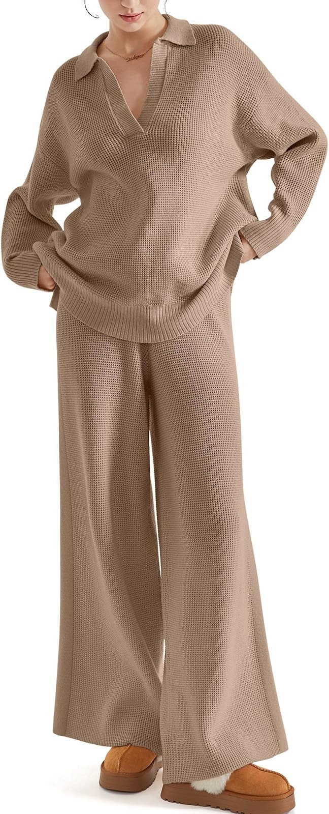 SUUKSESS Women 2 piece Fall outfits Matching Lounge Set Waffle Knit Sweater sets | Amazon (US)