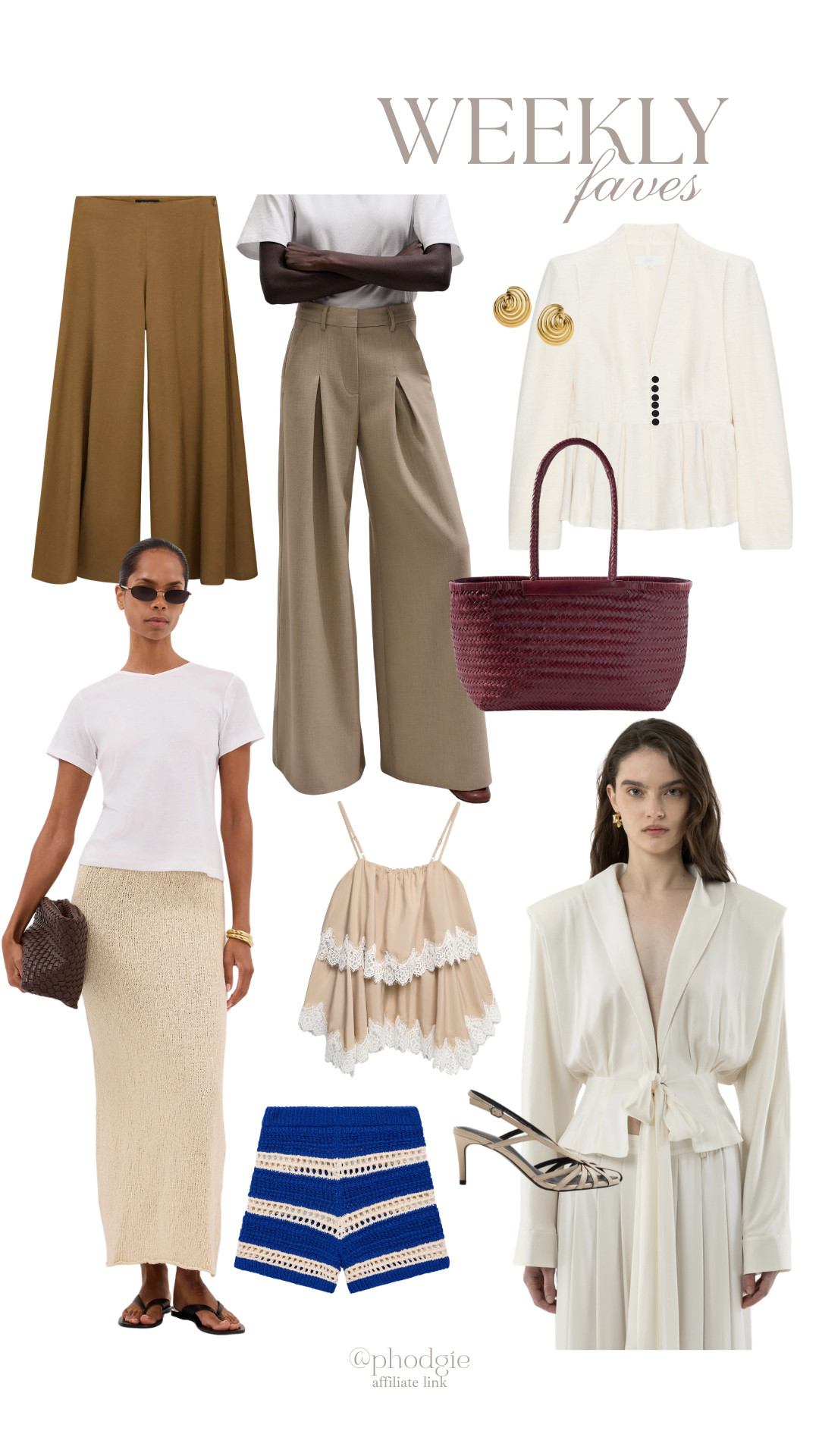 camel trousers, taupe wide-leg pants, cream blazer, ivory blouse, white tee, woven burgundy tote, woven clutch, gold swirl earrings, lace camisole, cream knit maxi skirt, cobalt crochet shorts, strappy heeled sandals, black flip flops, neutral palette, elevated basics, chic summer style, capsule wardrobe, minimal luxe, texture mix, weekly faves 

 #LTKsummer #LTKeurope #LTKluxury