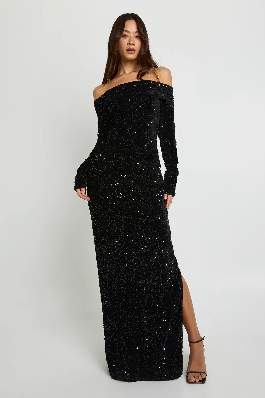 Tall Velvet Sequin Bardot Maxi Dress | boohoo (US & Canada)
