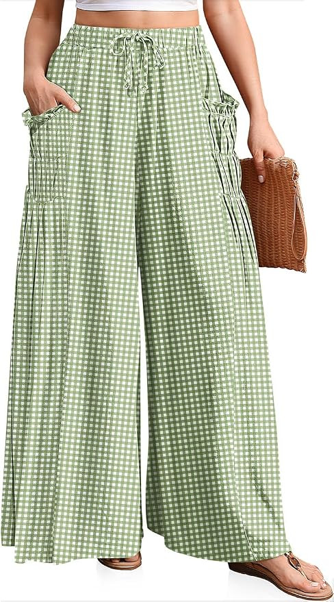 TARSE Womens Striped Gingham Palazzo Wide Leg Pants | Linen Bland Lightweight Breathable, Elastic... | Amazon (US)
