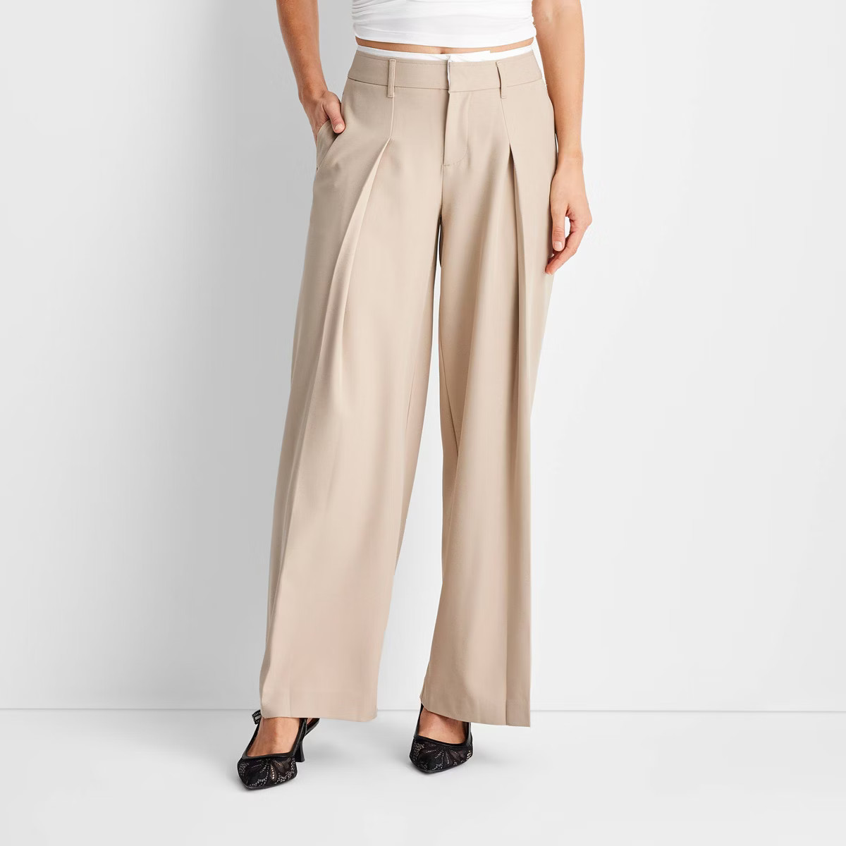 Women's Mid-Rise Wide Leg Contrast Waistband Trousers - Future Collective | Target
