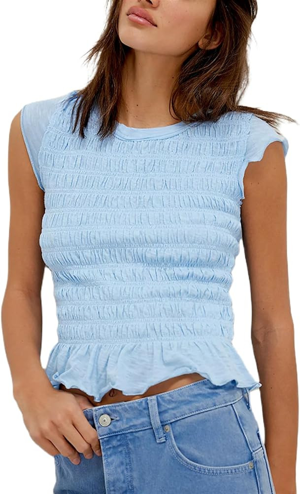 Women Summer Tank top Shirred Smocked Tops Cap Sleeve Ruffle Hem Crop Top Pleated Ruched T-Shirt ... | Amazon (US)