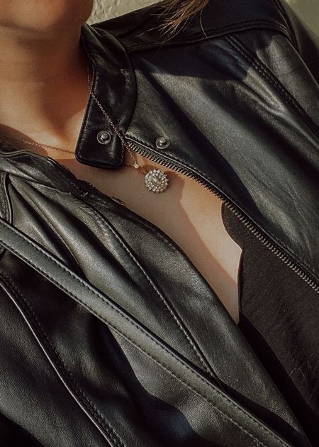 Leather jacket, Reiss, Reiss leather jacket, diamond pendant, lace bralet, flared trousers, monochrome minimalist



#LTKstyletip