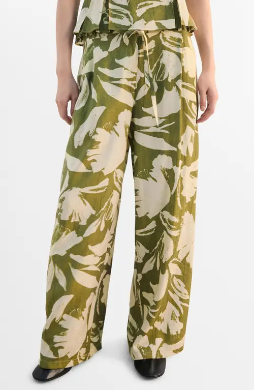 MANGO Floral Belted Straight Leg Pants in Green at Nordstrom, Size Medium | Nordstrom