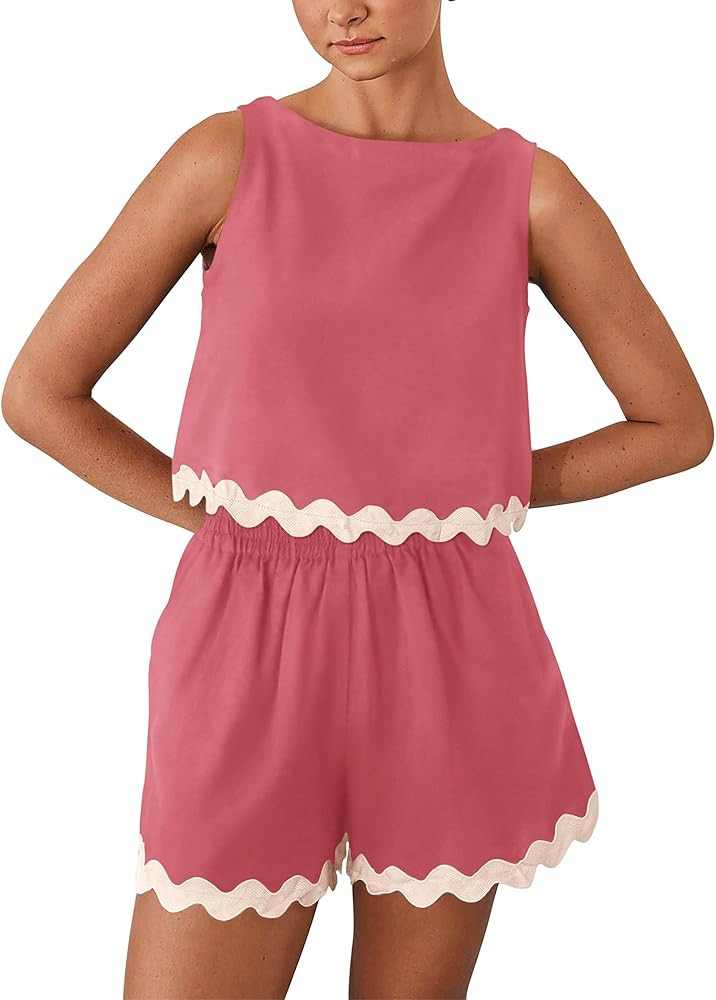 PRETTYGARDEN Womens 2 Piece Beach Vacation Cropped Tank Top High Waist Shorts Set | Amazon (US)