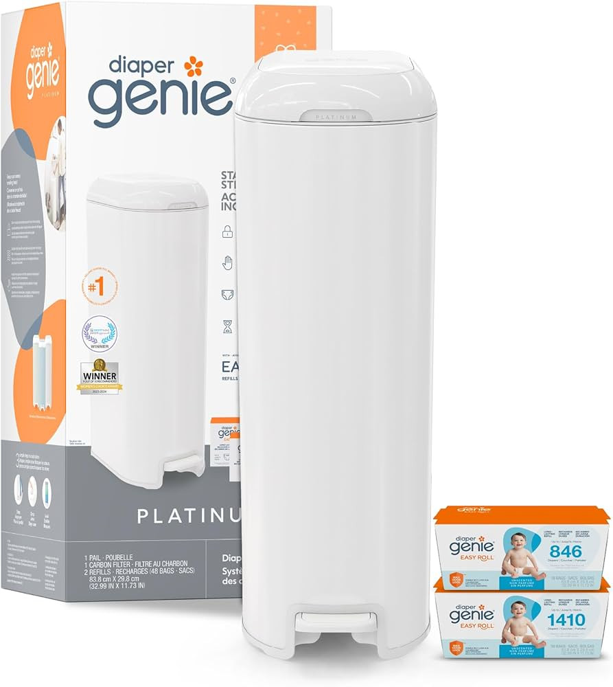 Diaper Genie Platinum Diaper Pail Gift Set | Hands-Free Odor Control with Foot Pedal | Stainless ... | Amazon (US)