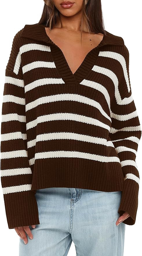 Darong Womens Oversized Sweaters Fall 2024 Fashion Clothes Polo V Neck Striped Knitted Pullover T... | Amazon (US)