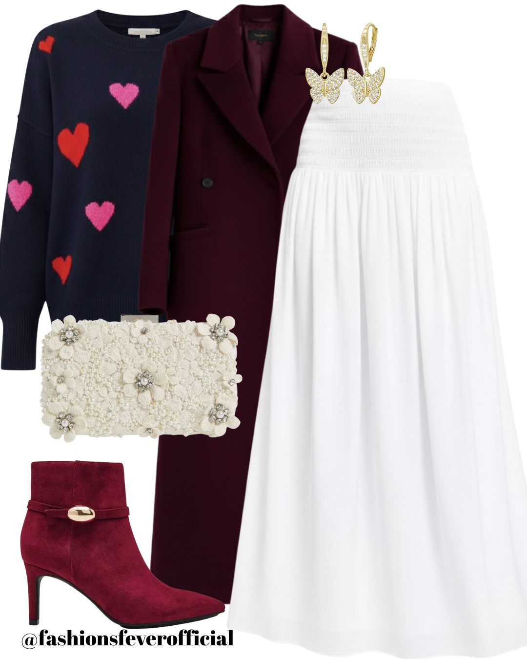 The Perfect V-Day Aesthetic: Whether you’re heading to a romantic dinner or a festive Galentine’s brunch, this look strikes the perfect balance between cozy and chic. The navy heart-print sweater adds a playful touch, while the flowing white maxi skirt and structured burgundy wool coat keep it elegant and elevated for the February chill.
Shop the Look:
• The Layer: Classic Burgundy/Wine Long Wool Coat
• The Knit: Navy Crewneck Sweater with Pink & Red Hearts
• The Bottom: White High-Waisted Smocked Maxi Skirt
• The Accessories: Pearl Embellished Floral Clutch & Butterfly Drop Earrings
• The Shoes: Deep Red Suede Pointed-Toe Ankle Boots

Valentine’s Day Outfit Ideas 2026, Romantic Date Night Look, Galentine’s Day Style, Winter-to-Spring Transitional Outfit, Heart Print Sweater, Burgundy Coat Outfit, White Maxi Skirt Styling, Aesthetic Winter Fashion, Feminine Valentine’s Style, LTKstyletip, Holiday Party Look.
#LTKStyletip #LTKFashion

#LTKValentine #LTKootd #LTKSeasonal