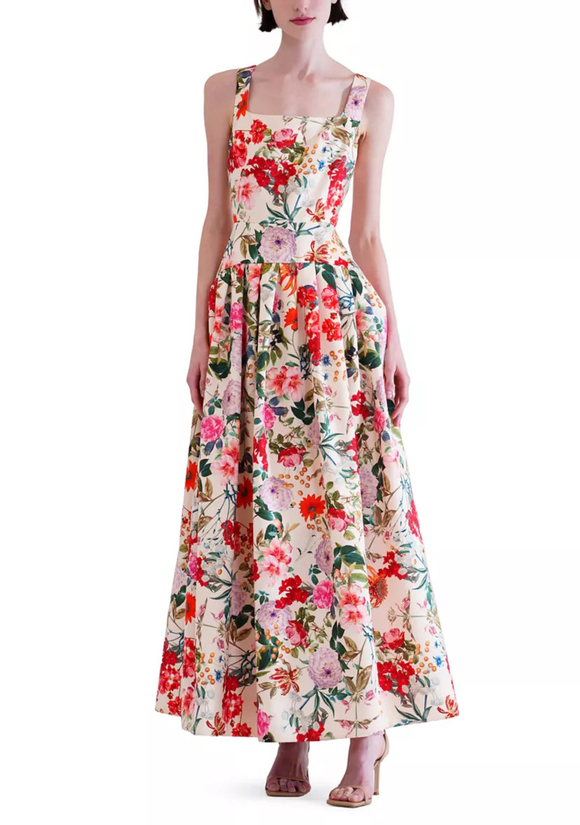 Women's Sleeveless Square Neck Faille Floral A-Line Maxi Dress | Belk