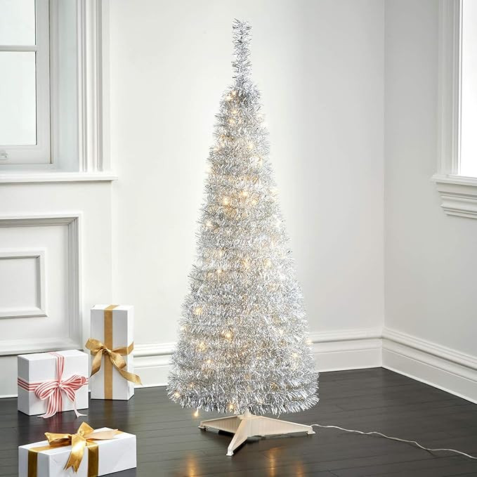 Pop Up Christmas Tree with Lights - 4 Ft, Silver Tinsel, Collapsible for Easy Storage, 100 LED Li... | Amazon (US)