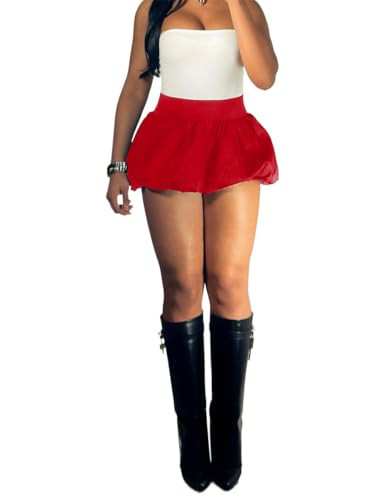 Shiyinvie Bubble Mini Skirt Red, Red Mini Bubble Skirt, Red Mini Dress Bubble Skirt, Women Y2K Bubble Mini Skirt Ruffle Hem Pleated, Women Bubble Skirt High Elastic Waist Flared Mini Skirts (Red, S) | Amazon (US)