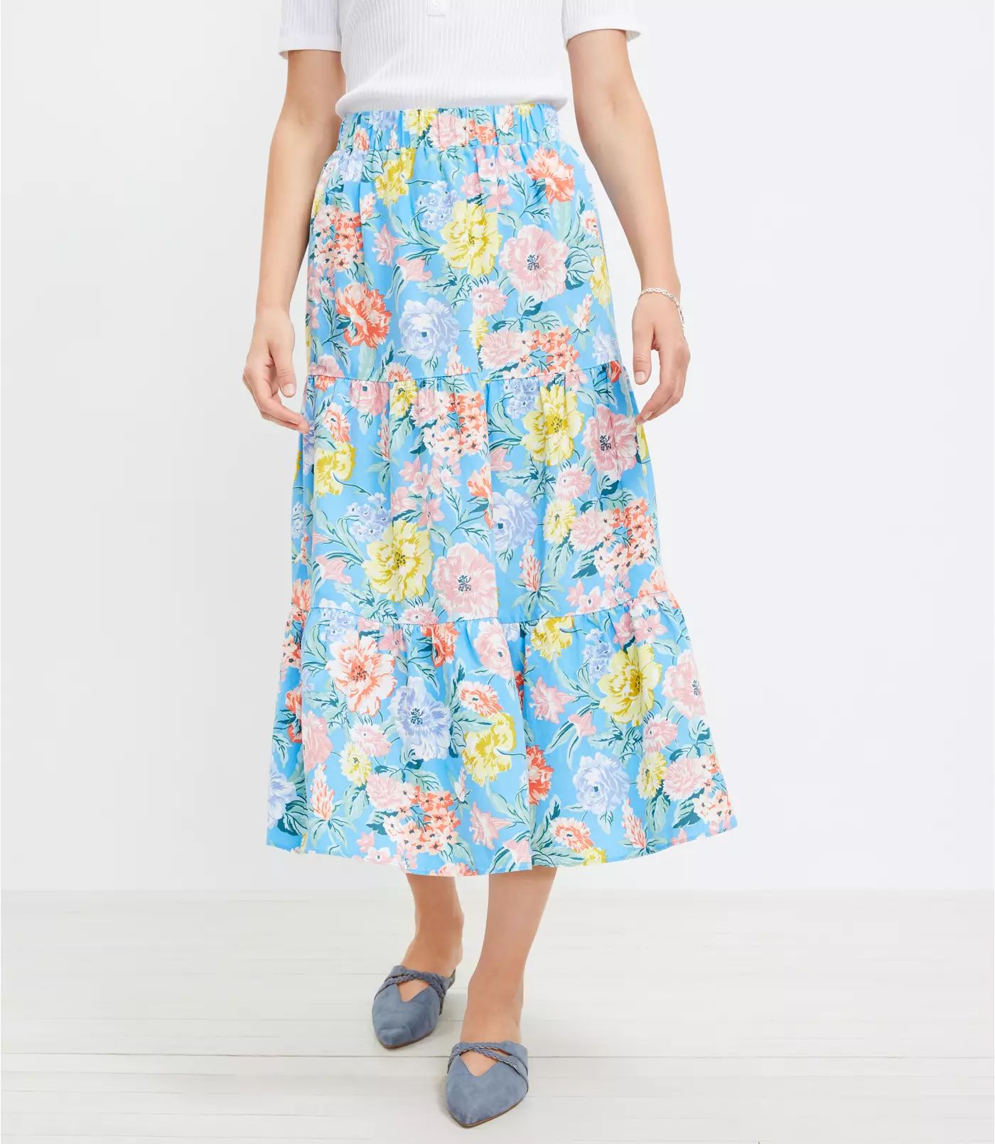 Floral Tiered Pull On Midi Skirt | LOFT | LOFT