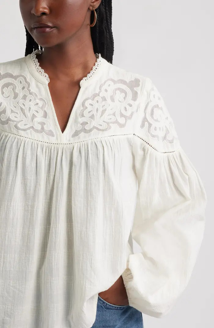 Appliqué Yoke Balloon Sleeve Cotton Top | Nordstrom
