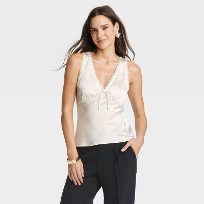 Women's Lace Trim Satin Tank Top - A New Day™ Cream S | Target