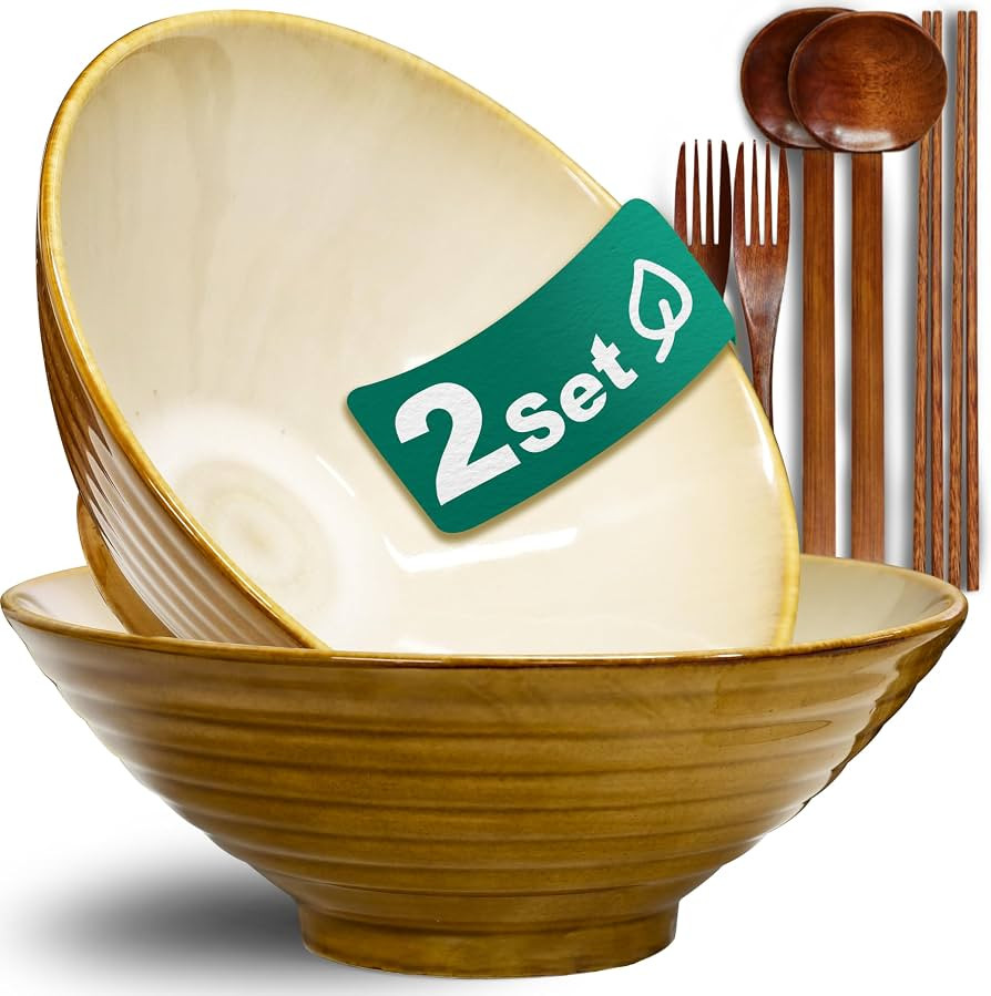 8-Inch 2 Sets Ceramic Ramen Bowl (8 Piece) - Japanese Porcelain Dishwasher Microwave Safe Salad N... | Amazon (US)