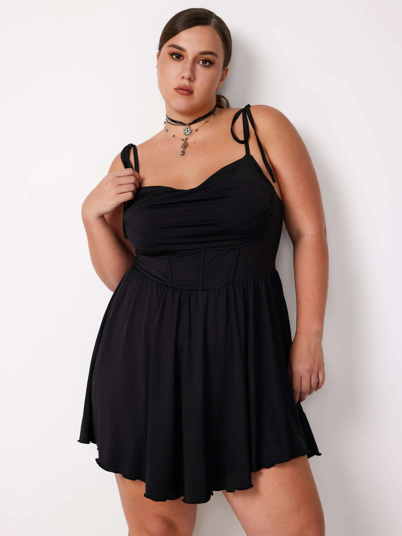 Cowl Neck Corset Knotted Ruffle Mini Dress Curve & Plus | Cider