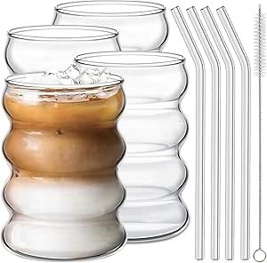 Ework4U 4 Pcs Drinking Glasses with Glass Straw 14oz Glassware Set,Cocktail Glasses,Iced Coffee G... | Amazon (US)