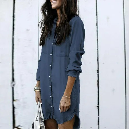 Women s Denim Shirt Dresses Long Sleeve Distressed Jean Blouse Button Down Casual Tunic Top | Walmart (US)