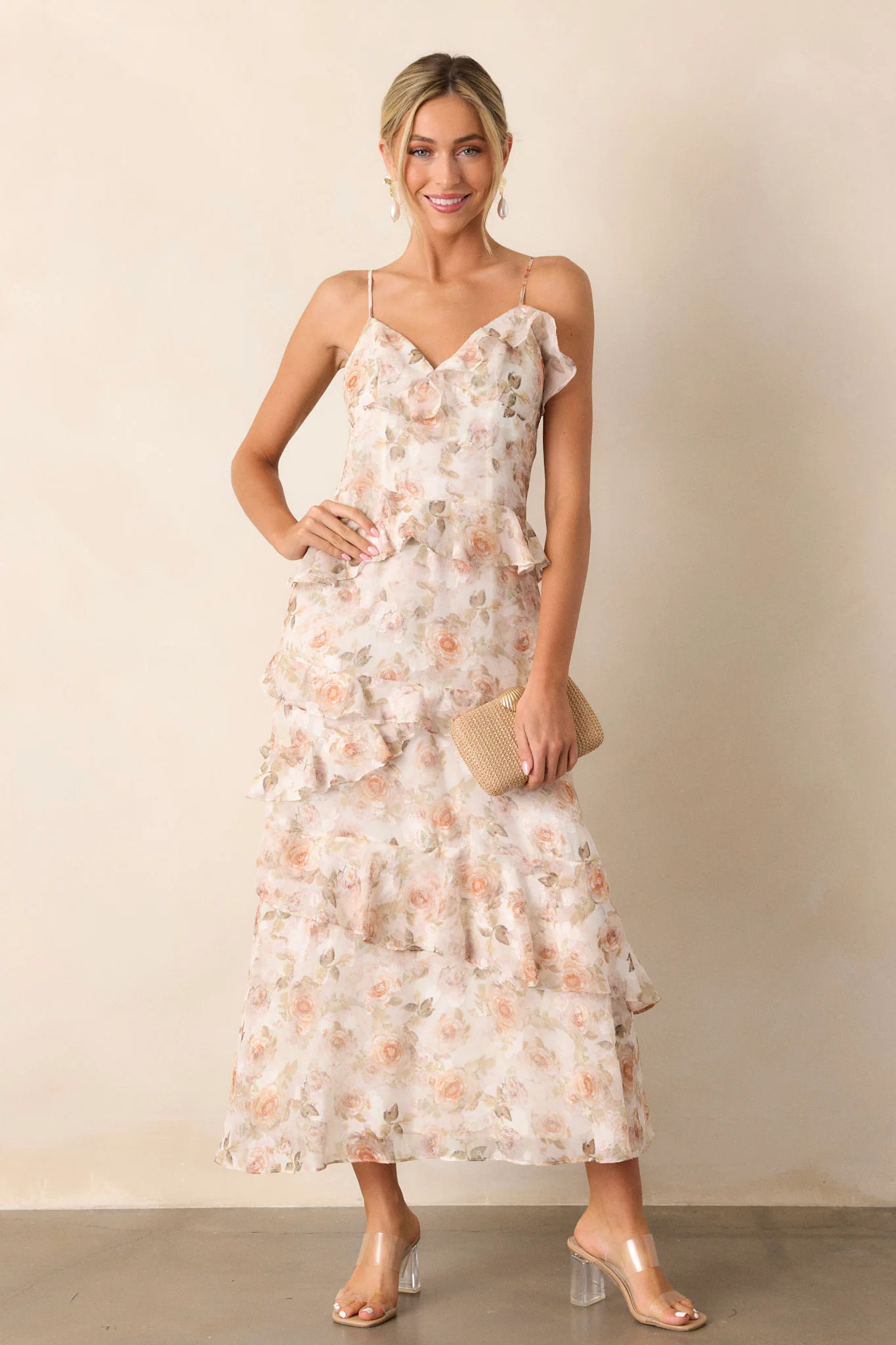 Searching For Love Ivory Floral Ruffle Midi Dress | Red Dress