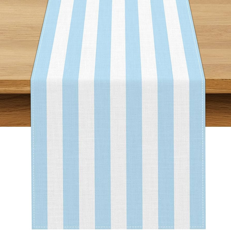 Light Blue and White Cabana Striped Table Runner Coastal Theme Wedding Party Decoration Birthday ... | Amazon (US)