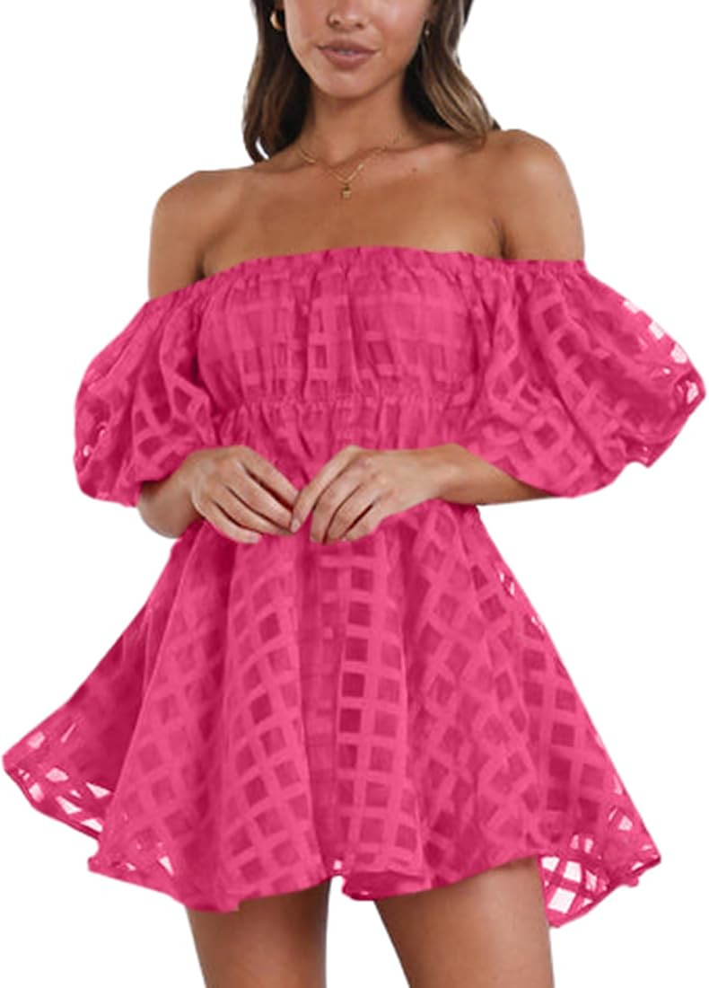 LYANER Women's Off Shoulder Puff Short Sleeve Smocked Tiered A-Line Mini Dresses Babydoll Dress | Amazon (US)