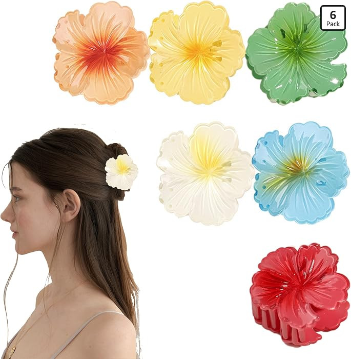 6PCS Hawaiian Flower Claw Clip, Hibiscus Flower Hair Clip Strong Hold Nonslip For Thin Thick Hair... | Amazon (US)