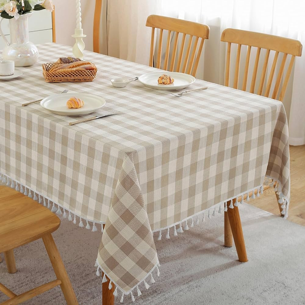 Beige Checkered Table Cloth Rectangle Cotton Linen Fabric Gingham Tablecloth with Tassel Washable... | Amazon (US)