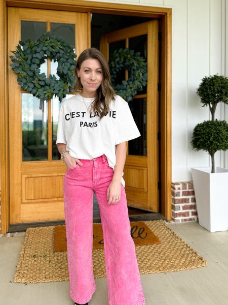 Amazon tee with these fun comfortable ankle crop pants! I sized up to a medium in the tee for it to be oversized! Got my true size 25 in the pants 

#LTKstyletip #LTKfindsunder50 #LTKsalealert