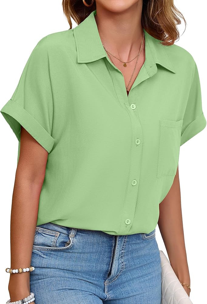 Womens Button Down Shirt Casual Short Sleeve Collared Work Blouse with Pocket | Amazon (US)