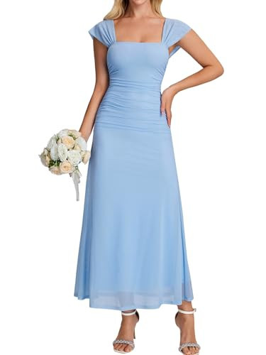 EYNMIN Summer Floral Maxi Long Dress Cap Sleeve Square Neck Ruched Bodycon A Line Mesh Formal Wedding Guest Dresses for Women Blue | Amazon (US)