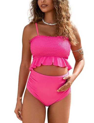 Maternity Swimsuit Two Piece Bikini Bandeau Top Hipster Bottom High Waisted | Amazon (US)