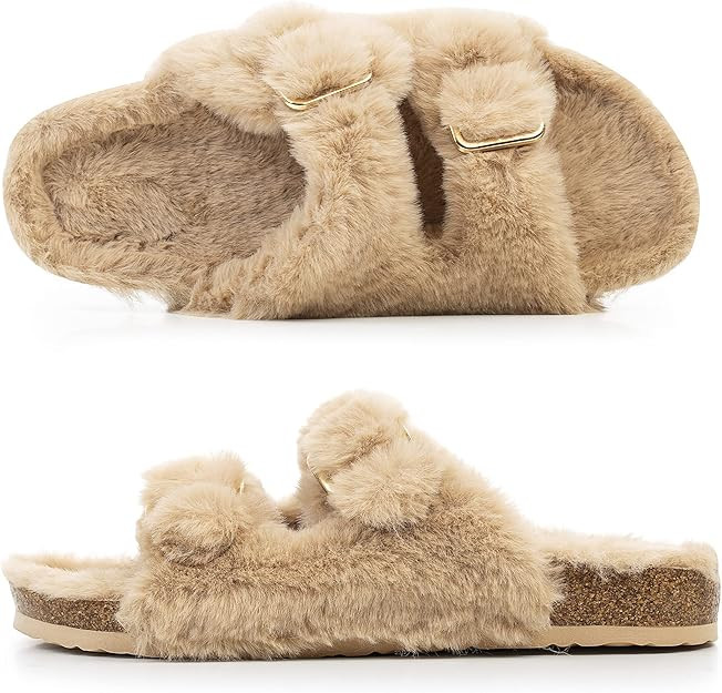 FITORY Womens Open Toe Slipper with Cozy Lining,Faux Rabbit Fur Cork Slide Sandals Size 6-11 | Amazon (US)