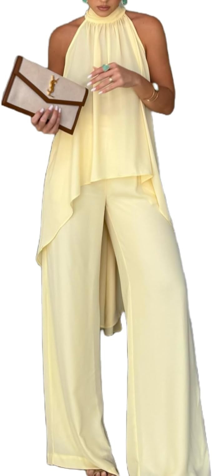 Womens 2 Piece Vacation Outfits Sleeveless Mock Neck Top and Wide Leg Pants Casual Sets Going Out | Amazon (US)