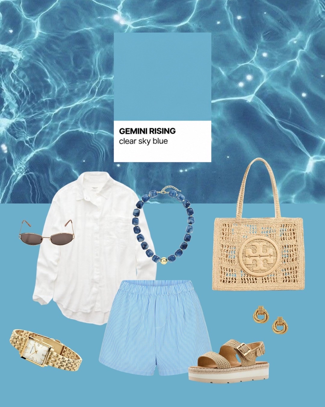 If Gemini Rising were a vacation outfit…this would be it. Blue stripes, breezy linen, raffia accessories, and pieces you’ll wear all summer.

Gemini Rising, astrology fashion, zodiac style, blue outfit, blue aesthetic, clear sky blue, coastal style, coastal granddaughter, summer outfit, vacation outfit, resort wear, beach vacation style, old money aesthetic, quiet luxury, linen shirt, boxer shorts outfit, raffia tote, platform sandals, gold jewelry, capsule wardrobe, elevated basics, casual chic, outfit inspiration, summer fashion, LTK fashion