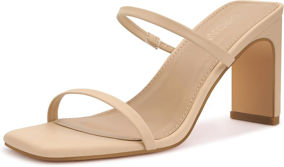 Carcuume Women's Square Toe Two Strap Open Toe Block Heels Sandals Slip On Shoes | Amazon (US)