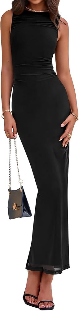 BTFBM Women Ruched Bodycon Maxi Dress Summer 2025 Sleeveless Mesh Elegant Wedding Guest Party For... | Amazon (US)