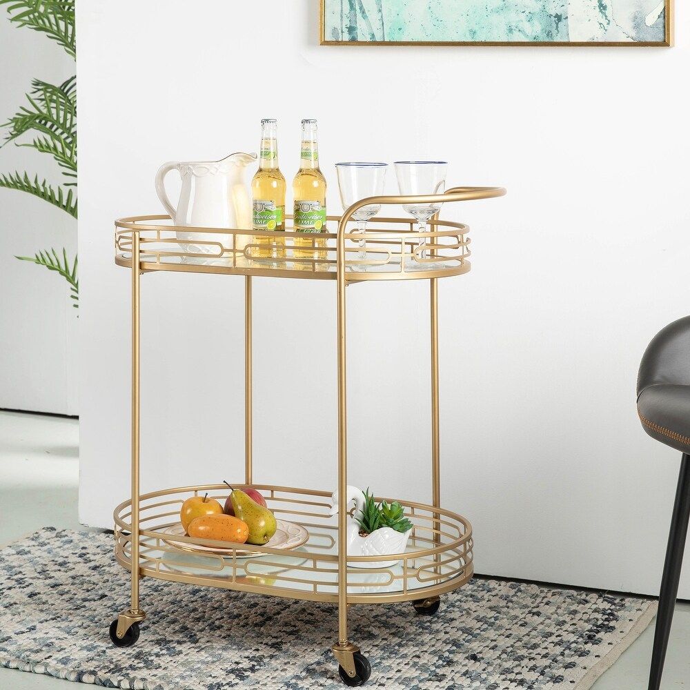 Silver Orchid Marsh Golden Oval Mirrored New Bar Cart (Metal/Glass) | Bed Bath & Beyond