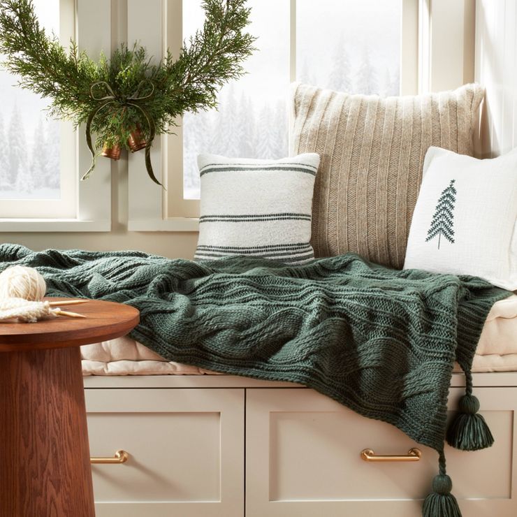 Cable Knit Tasseled Throw Blanket Green - Hearth & Hand™ with Magnolia | Target