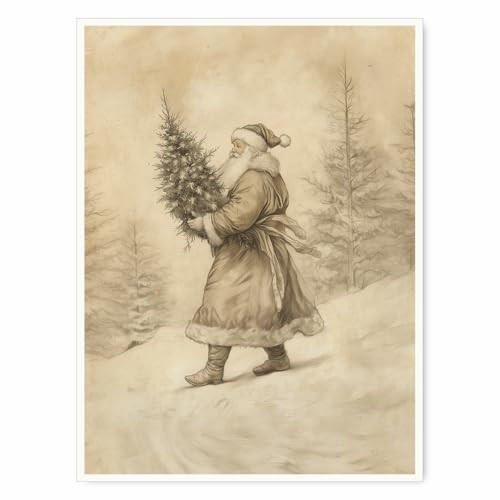Beige Vintage Santa Claus Wall Art, Neutral Christmas Canvas Print, Antique Holiday Poster, Rustic Winter Decor for Living Room, Bedroom, or Office 24x36in Unframed | Amazon (US)