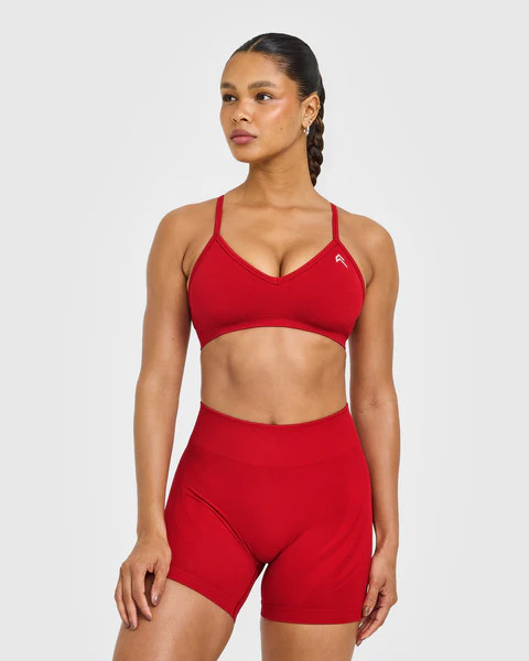 EnhanceLift™ Seamless Strappy Sports Bra with White Logo 
 Light Toasted Red | Oner Active (UK / US)