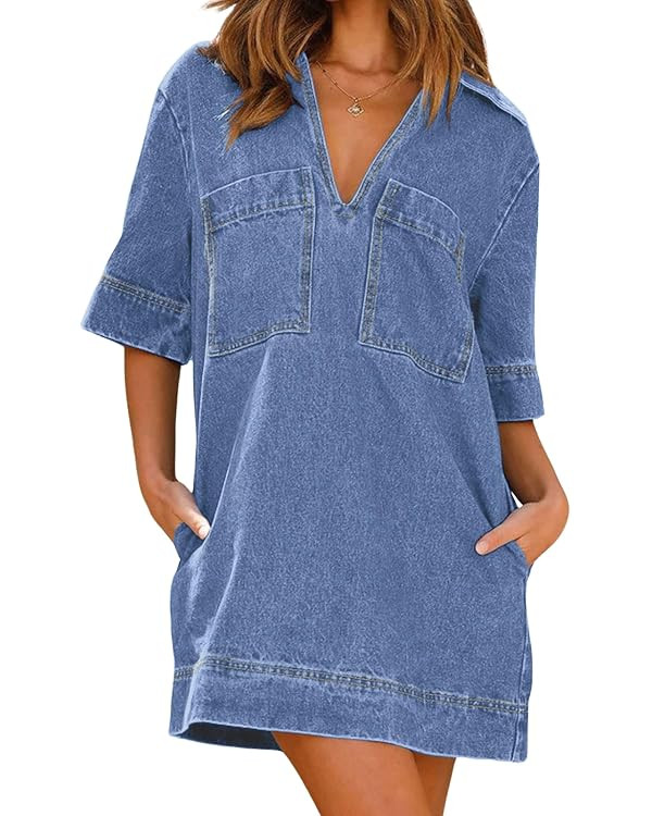 CHARTOU Women Loose Denim Dress Short Sleeve Casual Summer Dress Turn Down Pullover Vintage Tunic... | Amazon (US)
