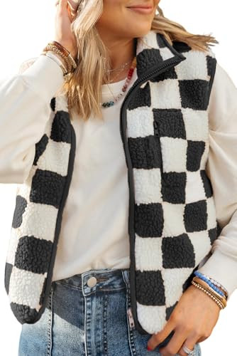 EARKOHA Womens Winter Sleeveless Top Casual Collar Black Checkered Sherpa Collared Jacket Vest Black S | Amazon (US)