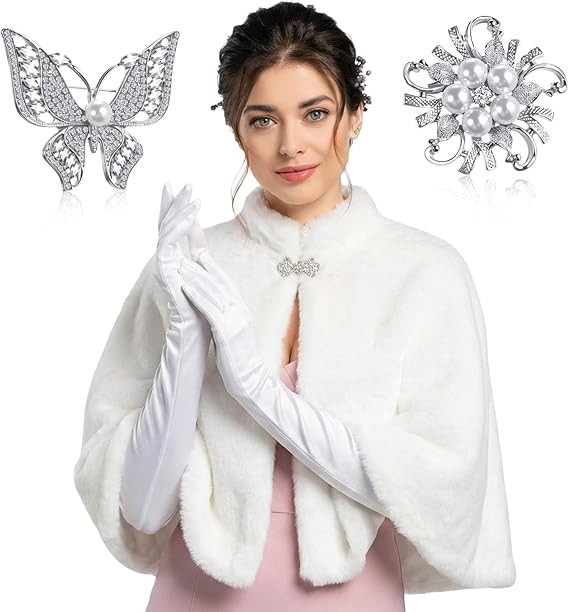 Hercicy Women's Wedding White Faux Fur Wrap Shawl, Wrap Bridal Fur Stole Cape Set with Faux Pearl... | Amazon (US)