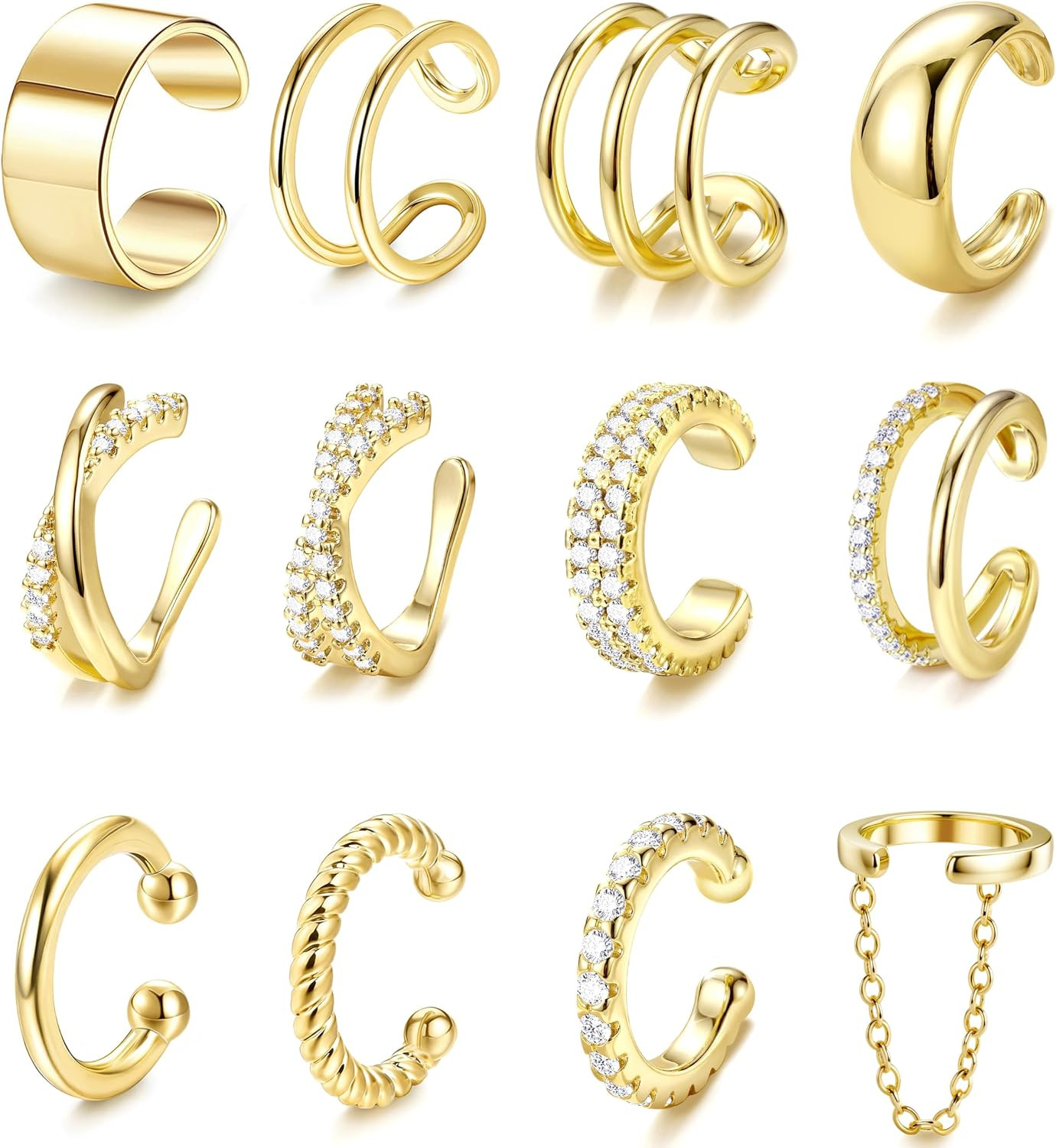 LOLIAS 12Pcs Ear Cuffs Non Piercing - 14K Gold Plated Ear Cuff Earrings for Women Adjustable Earring Cuffs for Non Pierced Ears Clip on Cartilage Earring Fake Earrings Set | Amazon (US)