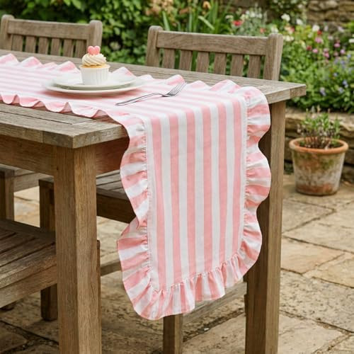 Tegeme Pink and White Ruffle Table Runner 100% Cotton Stripe Table Runner 13" x 90" Ruffle Tables Decor for Home Dinner Birthday Party Decoration Baby Shower Dining Room Kitchen Decor | Amazon (US)