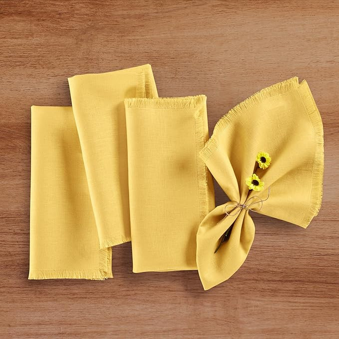 Solino Home Fringe Linen Cloth Napkins Set of 4-100% Pure Linen Marigold Yellow Dinner Napkins 20... | Amazon (US)