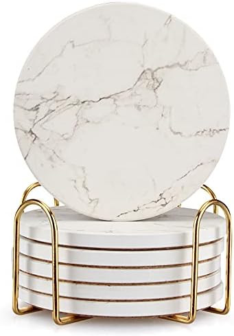6 Pcs White Marble Coaster Set with Holder Best Absorbent Coasters Drink Coasters Ceramic Bar Win... | Amazon (US)