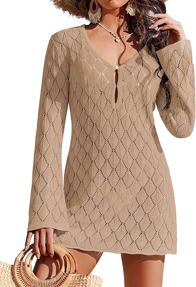 Ekouaer Swimsuit Coverup for Women Crochet Beach Cover Up Hollow Out Long Sleeve Cover Ups 2026 S... | Amazon (US)